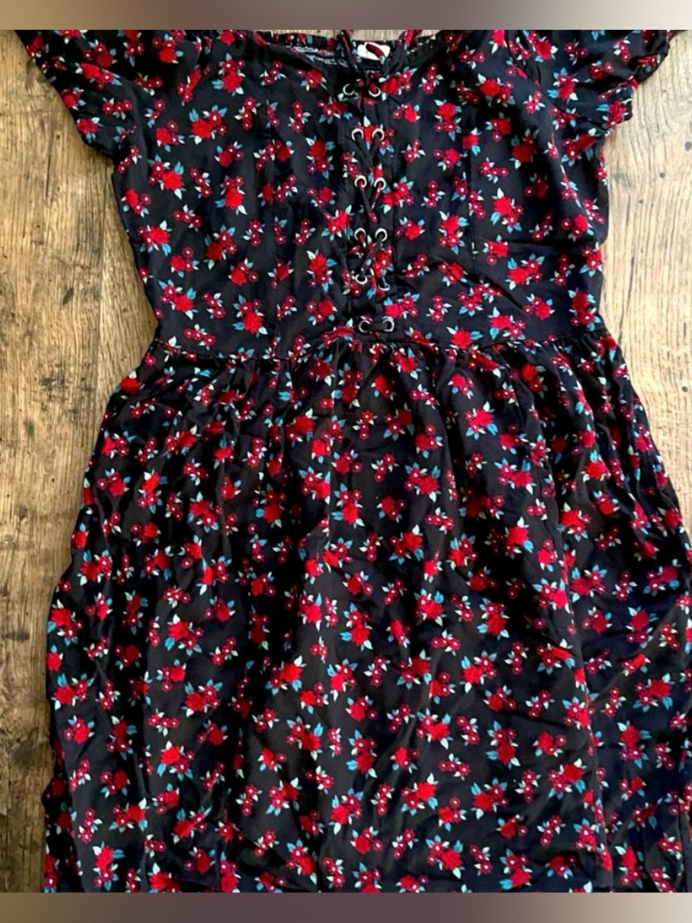 Aeropostale Black Floral Lace-Up Dress with Red Flower Print